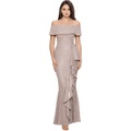 Betsy & Adam Off-the-Shoulder Glitter Gown