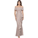 Betsy & Adam Off-the-Shoulder Glitter Gown