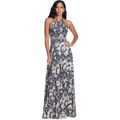 Betsy & Adam Long Foil Print Halter Gown with Wrap Skirt