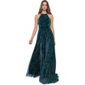 Betsy & Adam Long Halter Metallic Crinkle Knit Gown