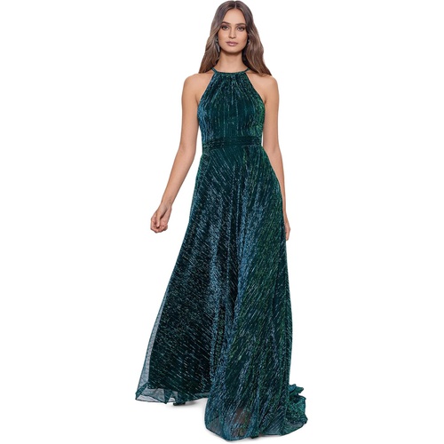  Betsy & Adam Long Halter Metallic Crinkle Knit Gown