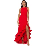 Betsy & Adam Long Halter Crepe Tiered Ruffle Gown