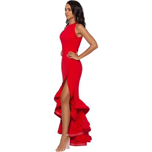  Betsy & Adam Long Halter Crepe Tiered Ruffle Gown