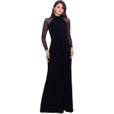 Betsy & Adam Long Sleeve Illusion Mesh Halter Jersey Gown