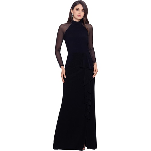  Betsy & Adam Long Sleeve Illusion Mesh Halter Jersey Gown