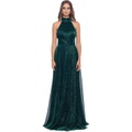 Betsy & Adam Mock Neck Metallic Crinkle Wrap Gown