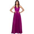 Betsy & Adam Long V-Neck Satin Gown with Open Back