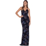 Betsy & Adam Long Cami V-Neck Flower Sequin Gown