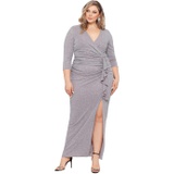 Betsy & Adam Plus Size 3u002F4 Sleeve V-Neck Rouched Glitter Gown