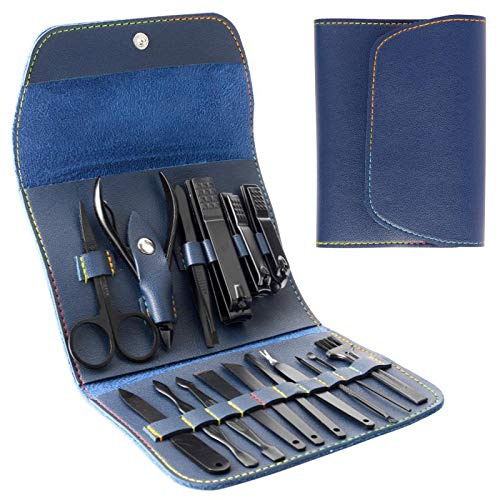  Bihuo Manicure Set, Stainless Steel Professional Pedicure Kit Nail Scissors Grooming Kit - Portable Travel Nail Manicure/Pedicure Tools kit for Men and Women with PU Leather Case (Blue)