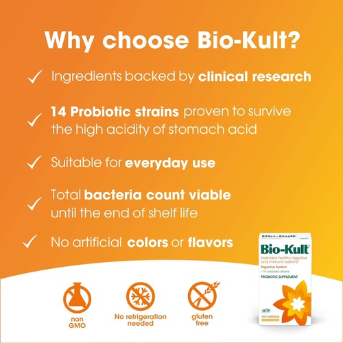  Bio-Kult Advanced Probiotics -14 Strains, Probiotic Supplement for Adults, Lactobacillus Acidophilus, No Need for Refrigeration, Non-GMO, Gluten Free -Capsules,120 Count (Pack of 1