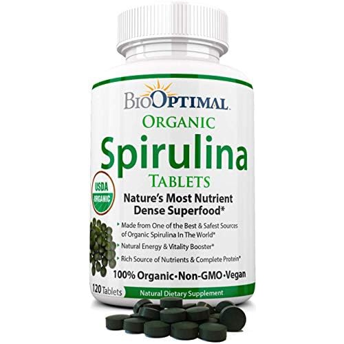  BioOptimal Organic Spirulina Tablets, 100% USDA Organic, Premium Quality 4 Organic Certifications, Non-GMO, No Additives Capsules or Fillers, 120 Count 1 Month Supply, Packaging Ma
