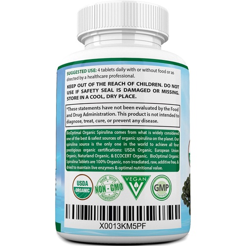  BioOptimal Organic Spirulina Tablets, 100% USDA Organic, Premium Quality 4 Organic Certifications, Non-GMO, No Additives Capsules or Fillers, 120 Count 1 Month Supply, Packaging Ma
