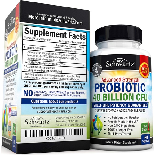  BioSchwartz Probiotic 40 Billion CFU - Probiotics for Women and Men with Prebiotics, Lactobacillus Acidophilus, Astragalus for Gut Health, Digestive Relief - Shelf Stable Supplement, Non-GMO,