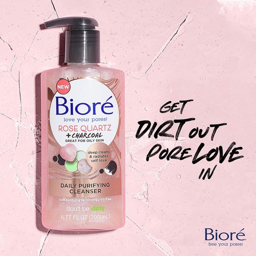  Biore Rose Quartz + Charcoal Daily Face Wash, Oil Free Facial Cleanser Energizes Skin, Dermatologist Tested and Cruelty Free, 6.77 Ounces