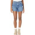 Blank NYC Indigo Blue Five-Pocket Cutoffs Mom Shorts with Small Rips in Second Round