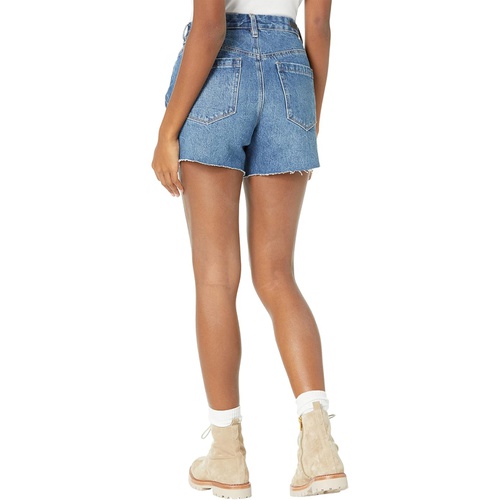  Blank NYC Indigo Blue Five-Pocket Cutoffs Mom Shorts with Small Rips in Second Round