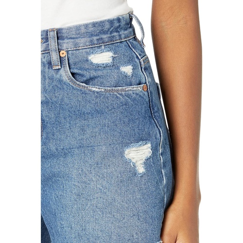  Blank NYC Indigo Blue Five-Pocket Cutoffs Mom Shorts with Small Rips in Second Round