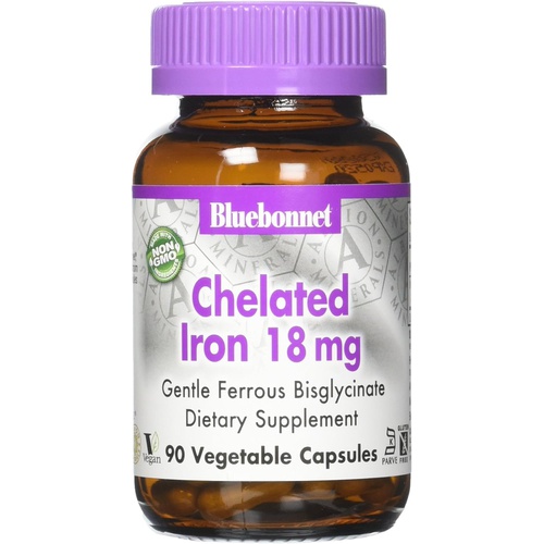  Bluebonnet Nutrition Chelated Iron 18 mg - non-constipating Iron - Soy-Free, Gluten-Free, Non-GMO, Kosher Certified, Dairy-Free, Vegan - 90 Vegetable Capsules, 90 Servings