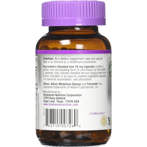  Bluebonnet Nutrition Chelated Iron 18 mg - non-constipating Iron - Soy-Free, Gluten-Free, Non-GMO, Kosher Certified, Dairy-Free, Vegan - 90 Vegetable Capsules, 90 Servings