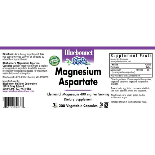  Bluebonnet Nutrition Magnesium Aspartate 400 mg, 200 Vegetarian Capsules