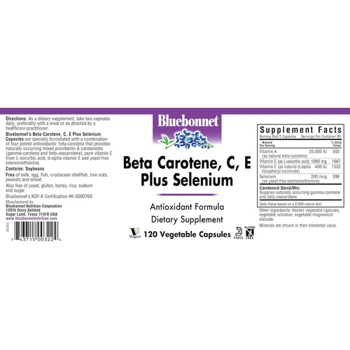  BlueBonnet Beta Carotene C and E Plus Selenium Vegetarian Capsules, 120 Count, White
