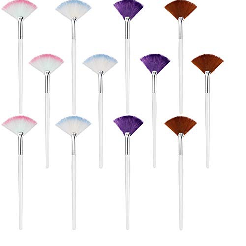  Boao 12 Pieces Fan Mask Brush Fan Applicator Long Handle Makeup Brush Facial Brushes Cosmetic Tools for Makeup, 4 Colors