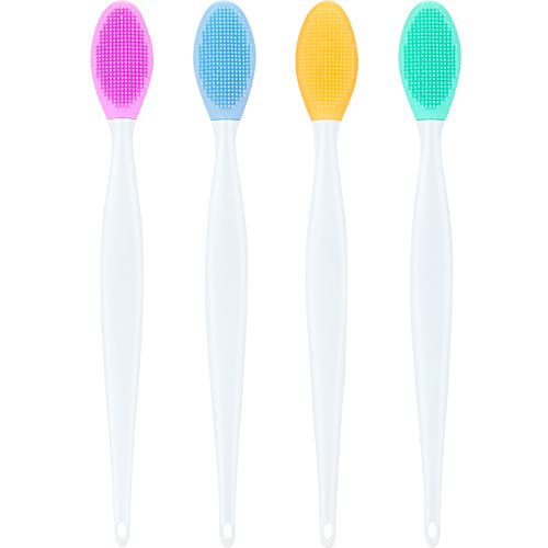  Boao 4 Pieces Silicone Exfoliating Lip Brush Tool Double-sided Soft Lip Brush for Smoother and Fuller Lip Appearance (Rose Red, Yellow, Mint Green, Pink)