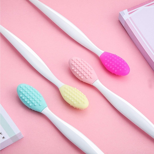  Boao 4 Pieces Silicone Exfoliating Lip Brush Tool Double-sided Soft Lip Brush for Smoother and Fuller Lip Appearance (Rose Red, Yellow, Mint Green, Pink)