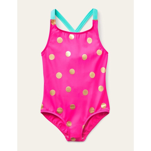 보덴 Boden Cross-back Printed Swimsuit - Fuchsia Pink Foil Spot