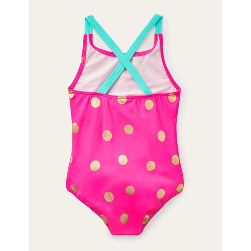 보덴 Boden Cross-back Printed Swimsuit - Fuchsia Pink Foil Spot