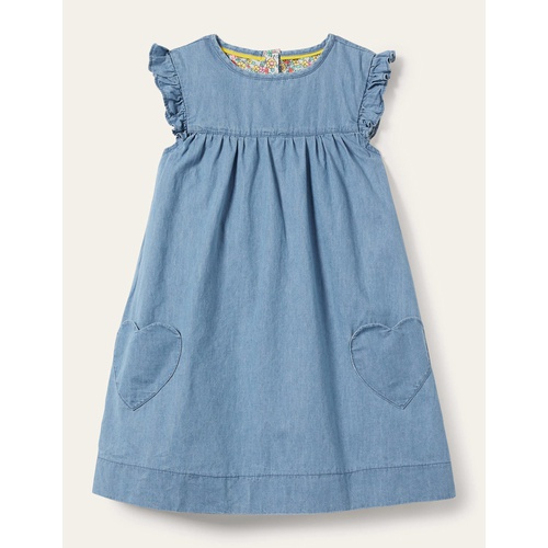 보덴 Boden Denim Love Heart Frill Sleeve Dress - Mid Vintage Denim