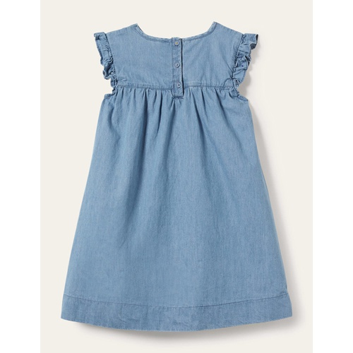 보덴 Boden Denim Love Heart Frill Sleeve Dress - Mid Vintage Denim