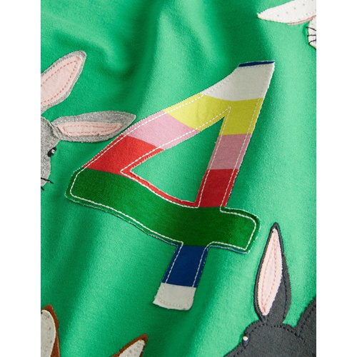 보덴 Boden Birthday Applique T-shirt - Aloe Green Bunnies Four