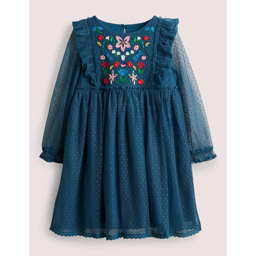 보덴 Boden Long Sleeve Tulle Dress - Baltic Blue Embroidered Flower