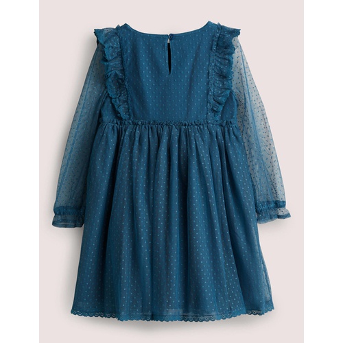 보덴 Boden Long Sleeve Tulle Dress - Baltic Blue Embroidered Flower