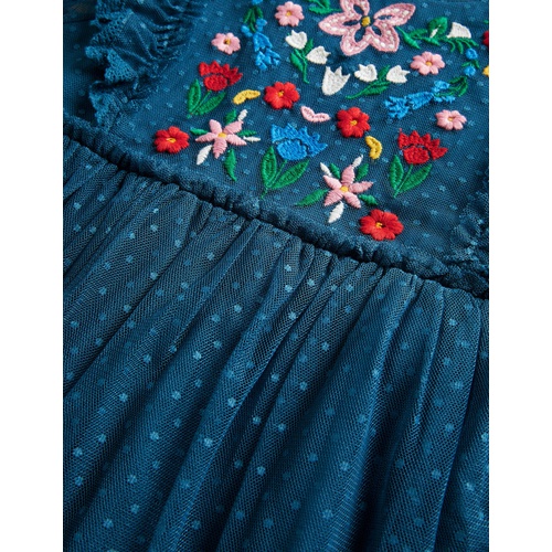 보덴 Boden Long Sleeve Tulle Dress - Baltic Blue Embroidered Flower