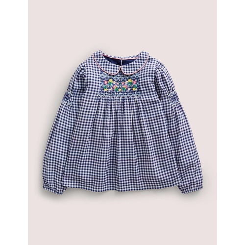 보덴 Boden Collared Smocked Woven Top - Riviera Blue Gingham