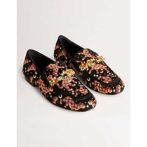 보덴 Boden Embroidered Suede Loafers - Black Embroidered Cheetah