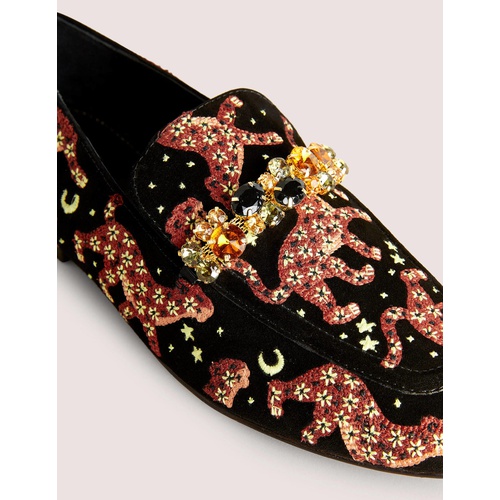 보덴 Boden Embroidered Suede Loafers - Black Embroidered Cheetah