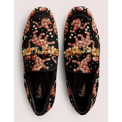 보덴 Boden Embroidered Suede Loafers - Black Embroidered Cheetah