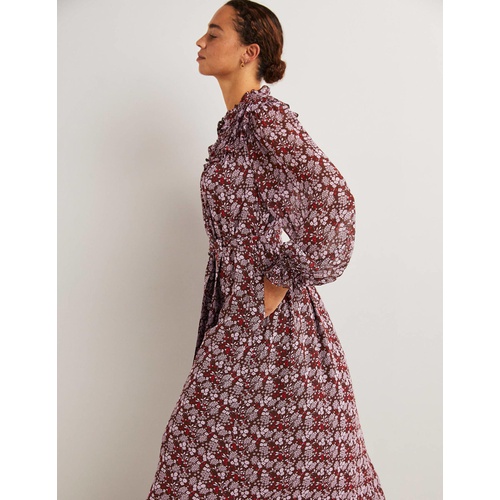보덴 Boden Ruffle Yoke Midi Shirt Dress - Deep Mahogny, Prairie Garden