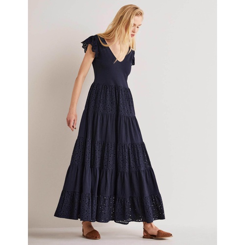 보덴 Boden Broderie Mix Jersey Maxi Dress - Navy