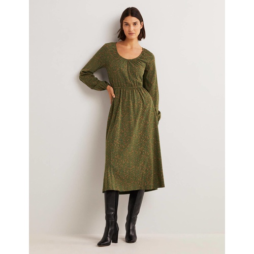 보덴 Boden Scoop Neck Jersey Midi Dress - Hunter Green, Bloom Cluster