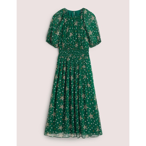 보덴 Boden Deep Smocked Waist Midi Dress - Hunter Green, Star Floral