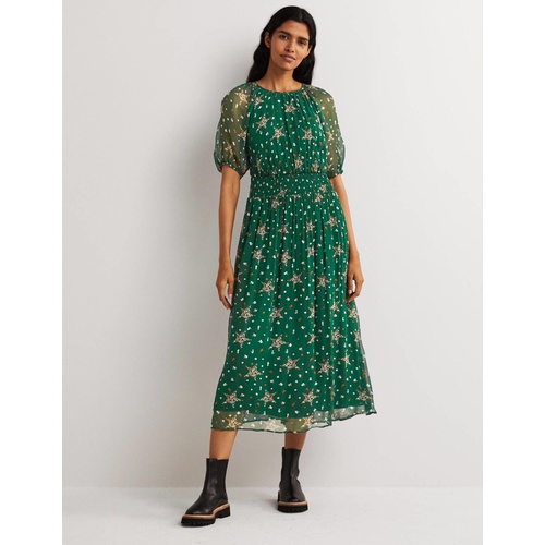 보덴 Boden Deep Smocked Waist Midi Dress - Hunter Green, Star Floral