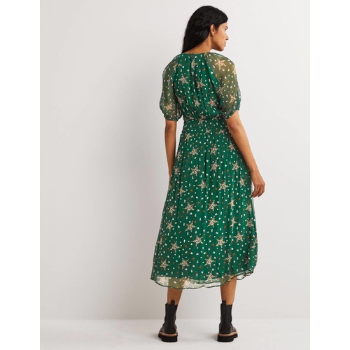 보덴 Boden Deep Smocked Waist Midi Dress - Hunter Green, Star Floral