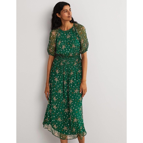 보덴 Boden Deep Smocked Waist Midi Dress - Hunter Green, Star Floral