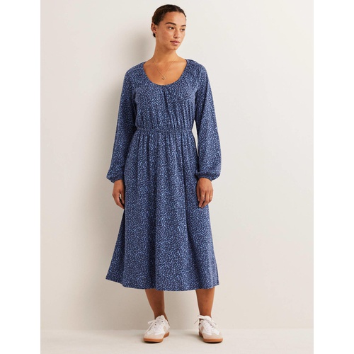 보덴 Boden Scoop Neck Jersey Midi Dress - Riviera Blue, Bloom Cluster