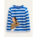 Boden Big Applique Striped T-shirt - Moroccan Blue/ Ivory Rabbit